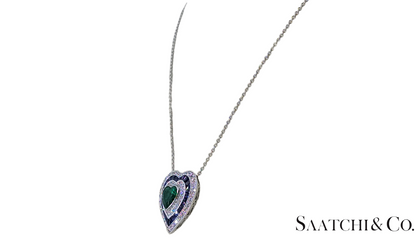 Platinum (950) Heart Shape Natural Emerald Sapphire Diamond Pendant With Chain