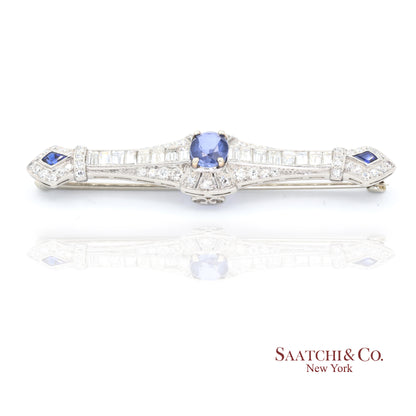 Platinum 950 Natural Sapphire and Diamond Brooch