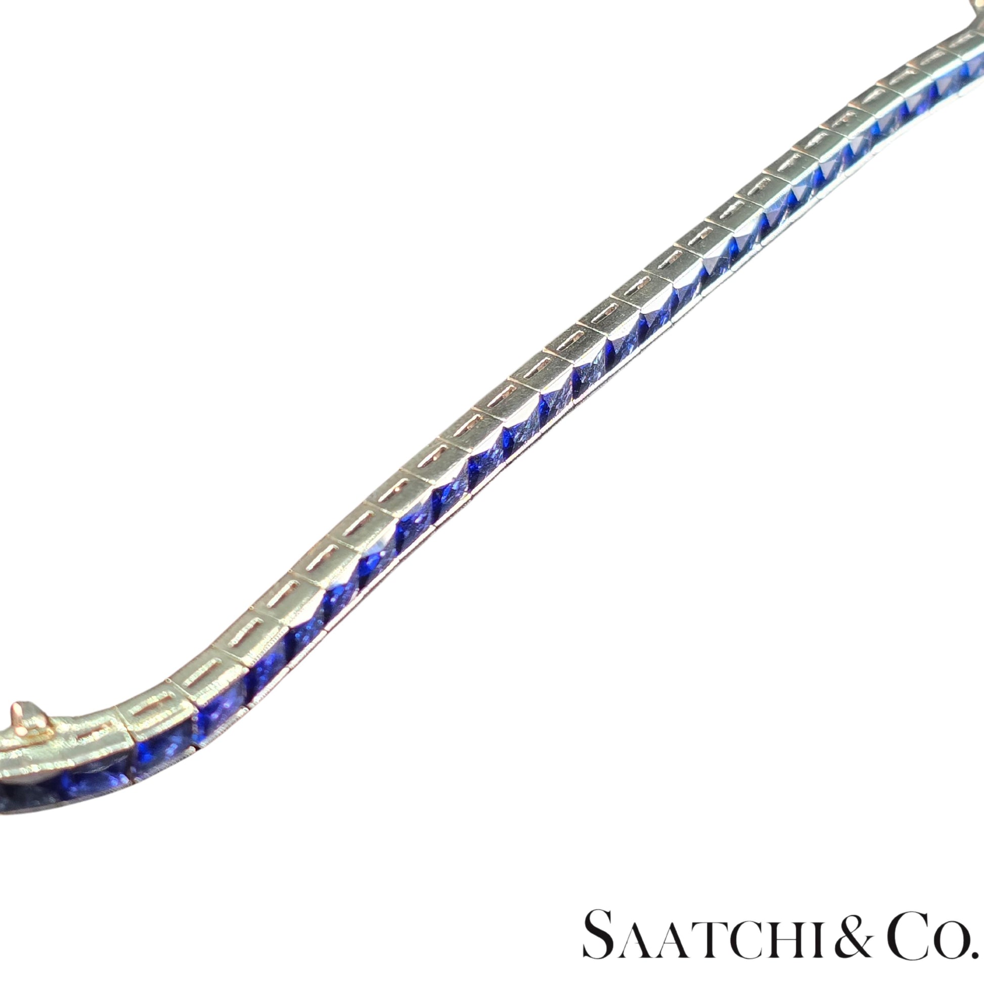 Platinum (950) LAB Created Top Quality Sapphire Grench Cut: Tennis Bracelet