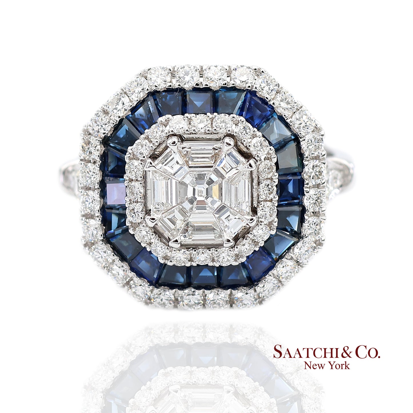 18K(750) White Gold Royal Blue Sapphire and Asscher Pie Cut Natural Diamond Ring