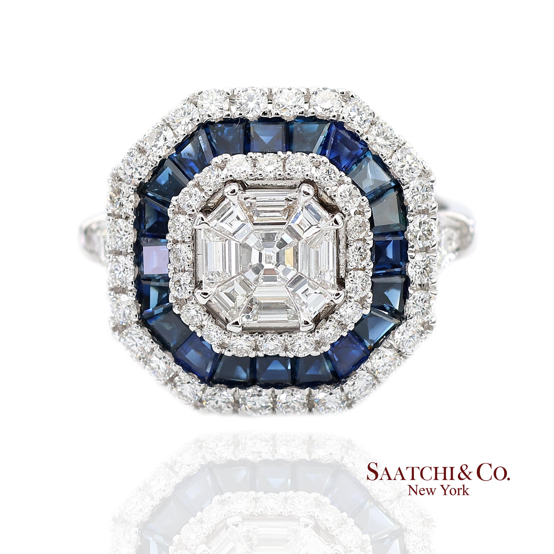 18K(750) White Gold Royal Blue Sapphire and Asscher Pie Cut Natural Diamond Ring