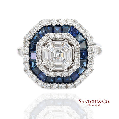 18K(750) White Gold Royal Blue Sapphire and Asscher Pie Cut Natural Diamond Ring
