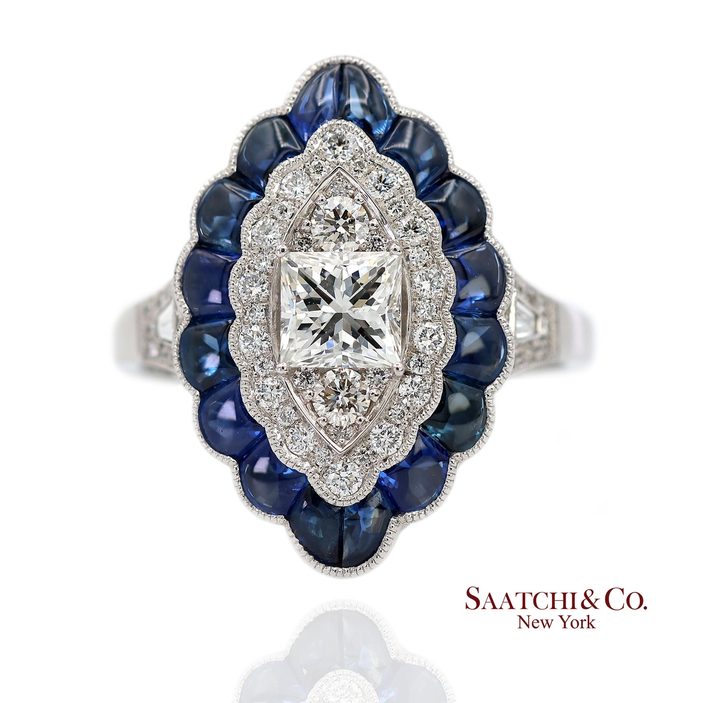 Platinum (950) Natural Diamond and Natural Sapphire Milgrain Ring