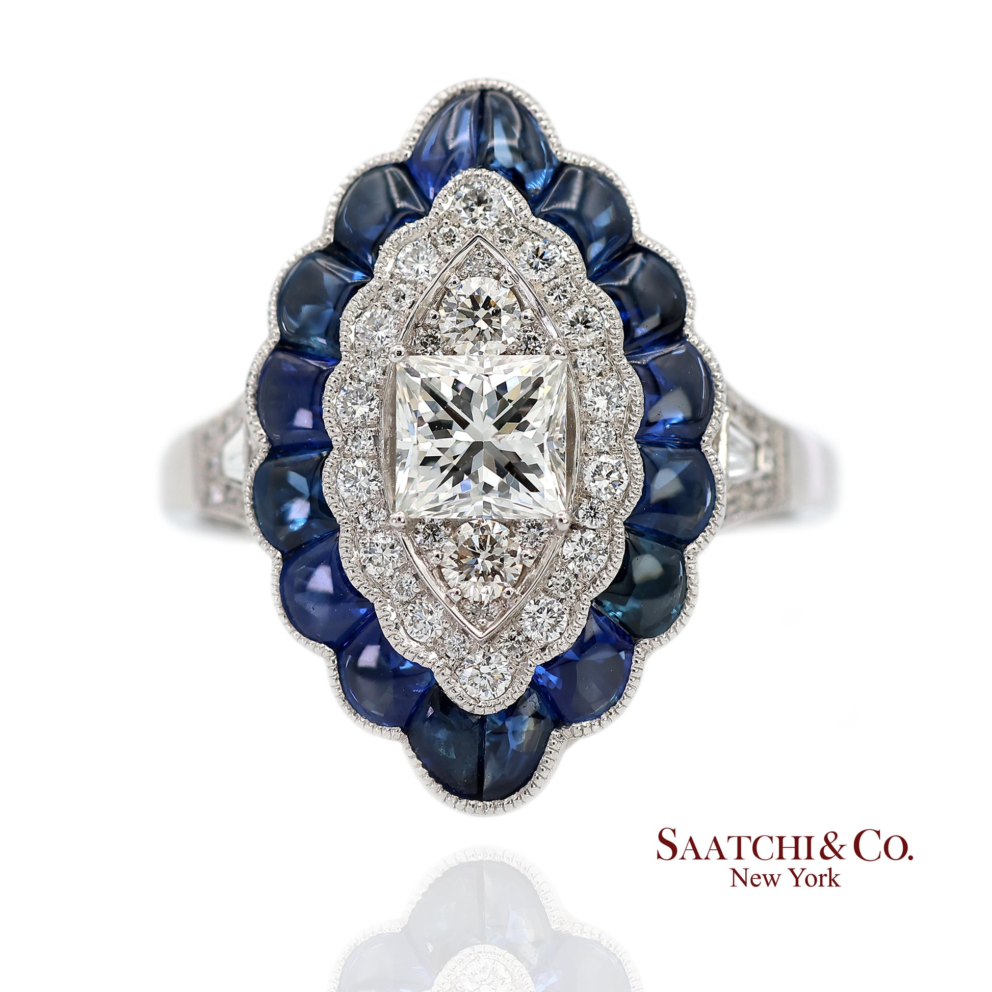 Platinum (950) Natural Diamond and Natural Sapphire Milgrain Ring