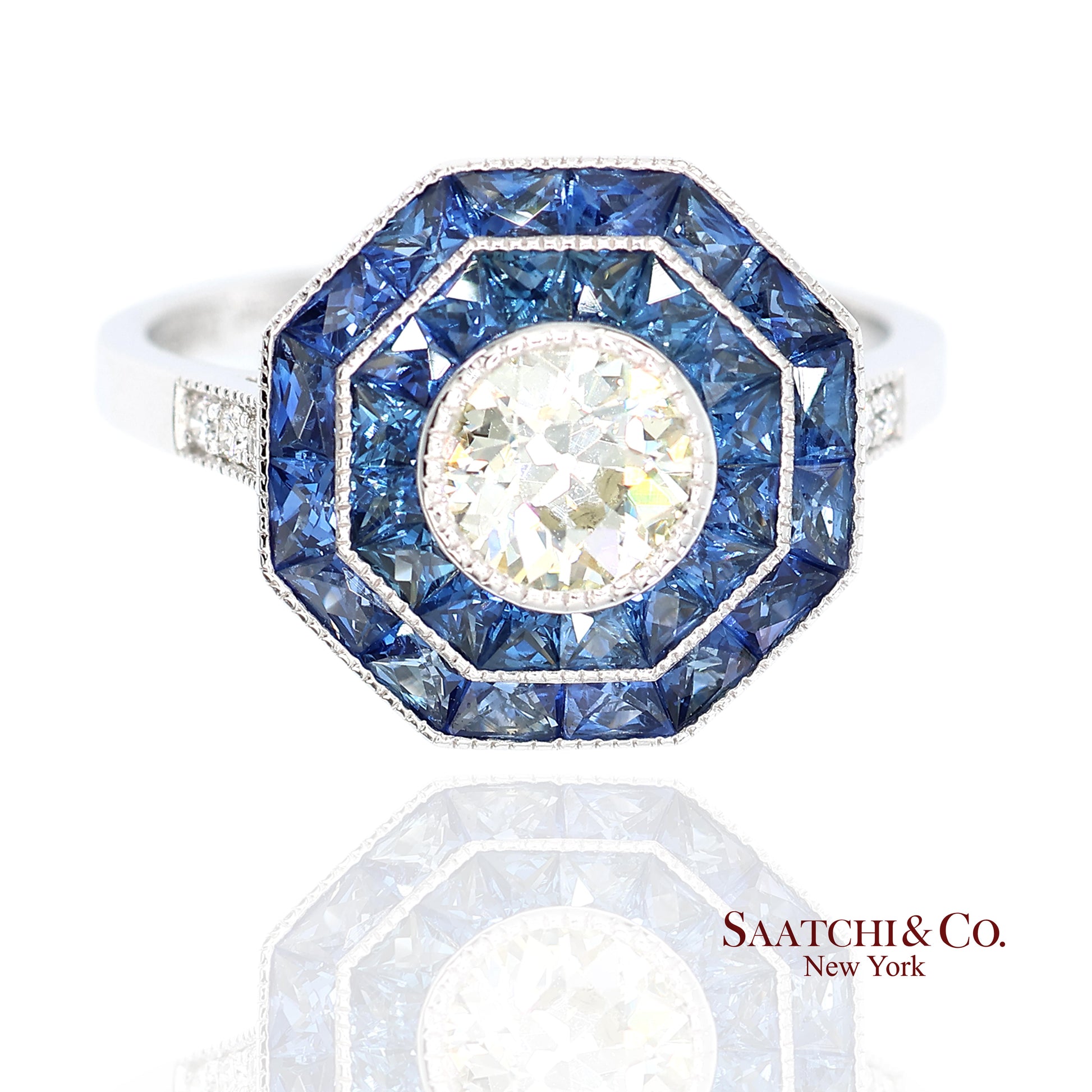Platinum 950 Natural Diamond and Natural Sapphire Milgrain Ring