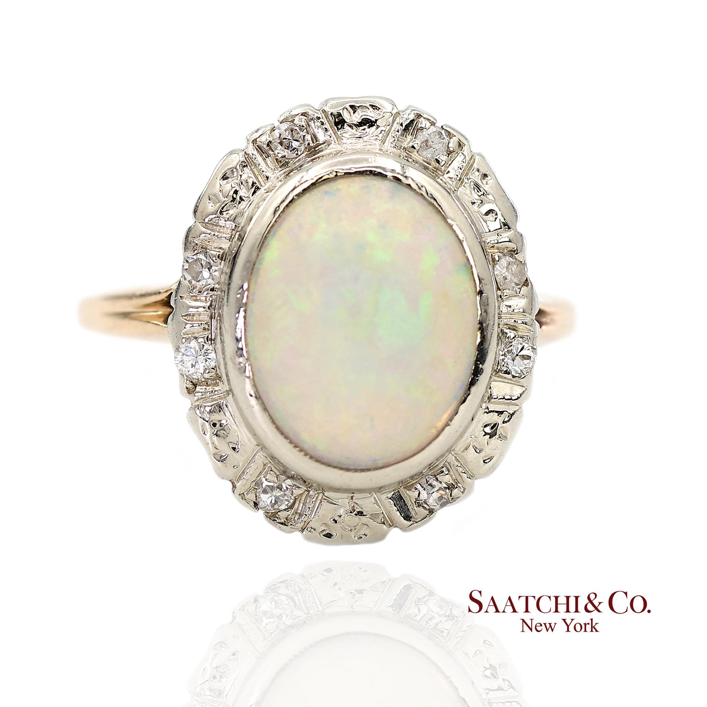 14K White and Yellow Gold Vintage Natural Diamond and Natural Opal Ring