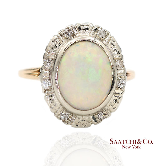 14K White and Yellow Gold Vintage Natural Diamond and Natural Opal Ring