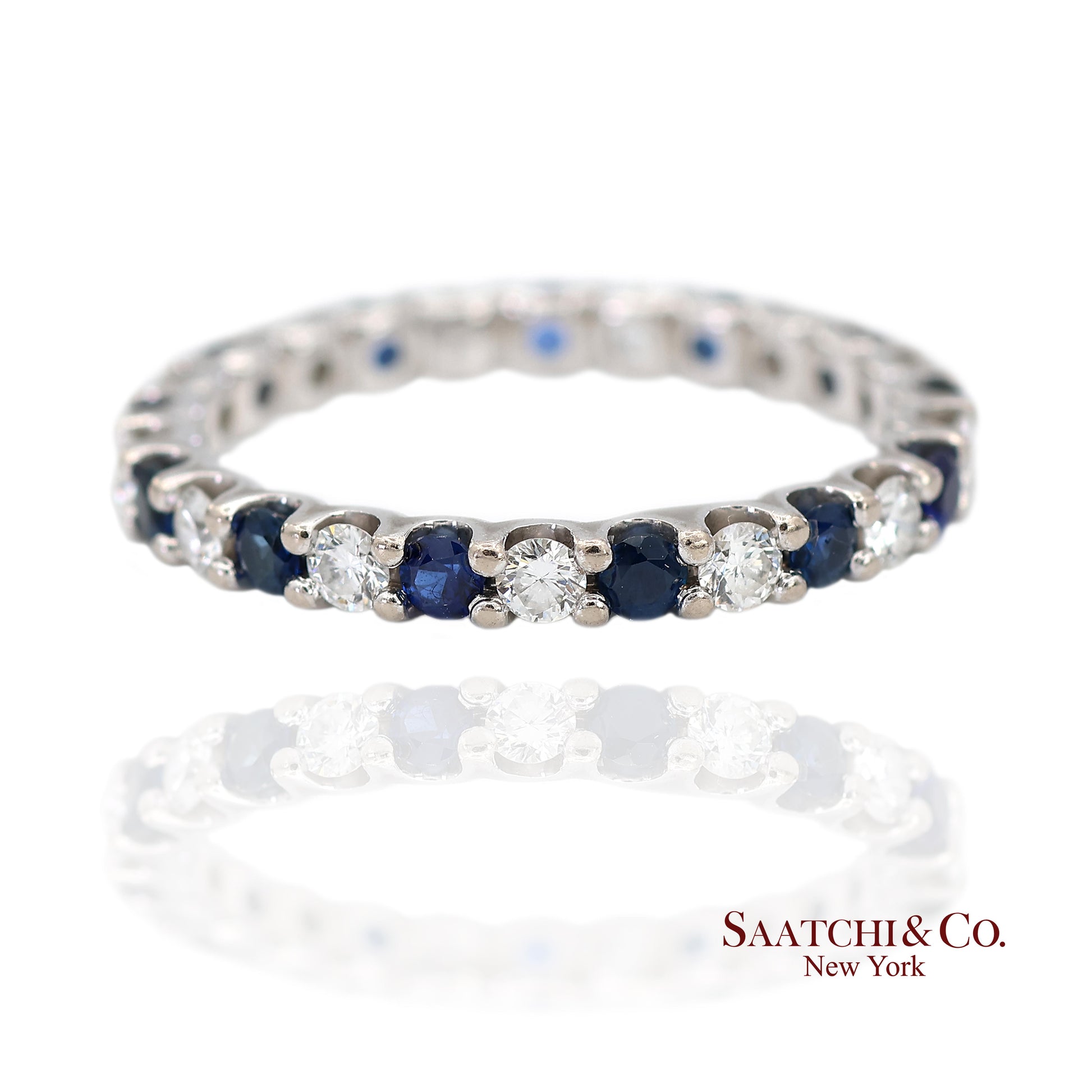 14K White Gold Natural Brilliant Diamond and Sapphire Band Ring