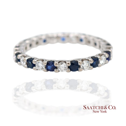 14K White Gold Natural Brilliant Diamond and Sapphire Band Ring
