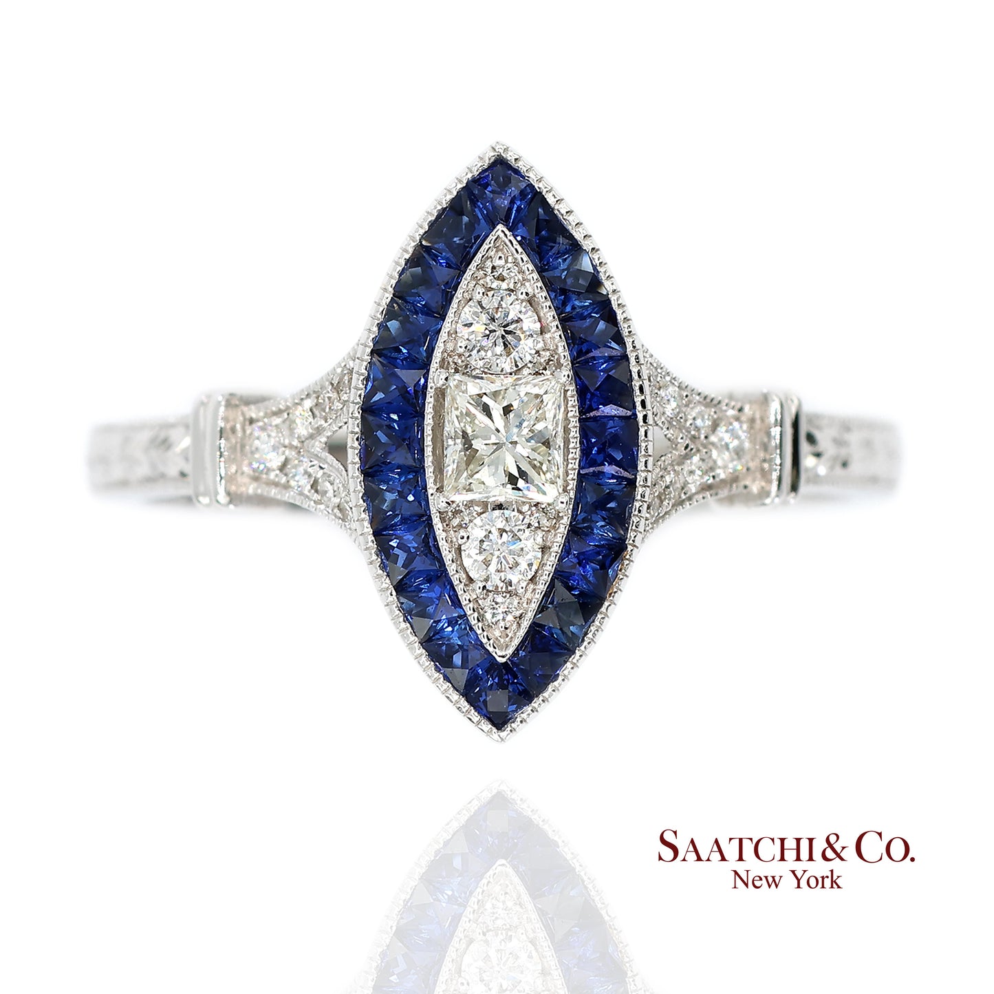 18K (750) White Gold Natural Diamond and Sapphire Marquise Milgrain Ring