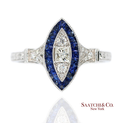 18K (750) White Gold Natural Diamond and Sapphire Marquise Milgrain Ring
