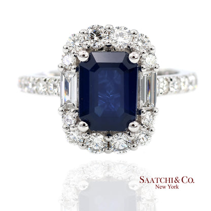 Exquisite 18K (750) White Gold Royal Blue Sapphire and Natural Diamond Ring