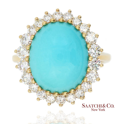 18K Yellow Gold Turquoise  Natural Diamond Halo Ring