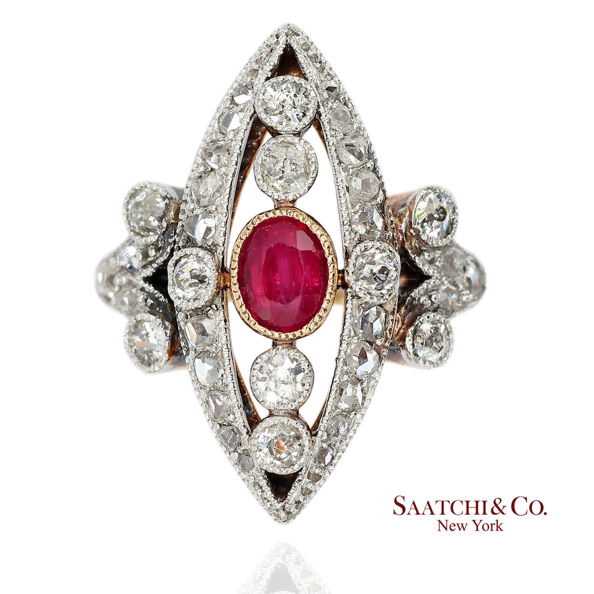 Vintage 14K(585) Yellow and White Gold Natural Diamond and Ruby Ring