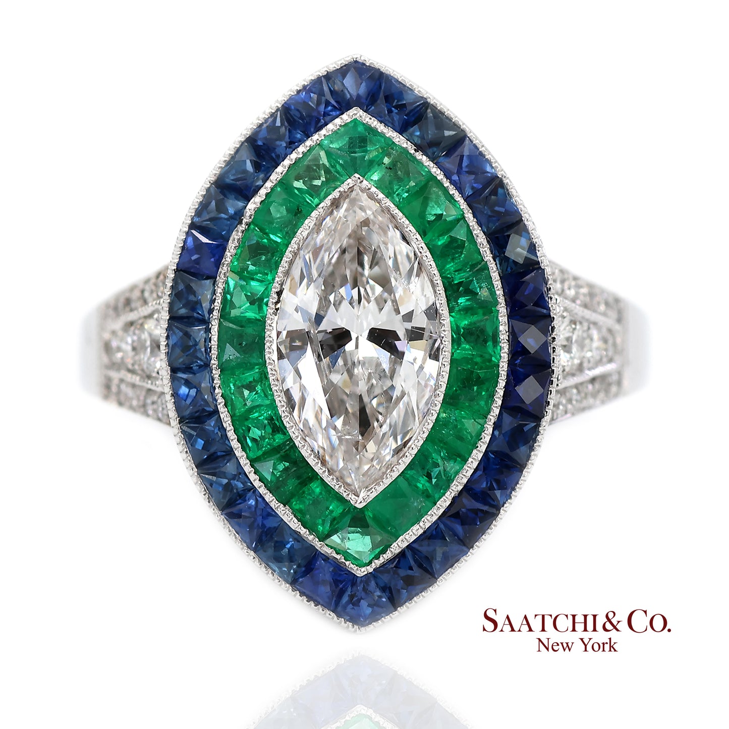 GIA_18K 750 Solid White Gold Natural Diamond Emerald and Sapphire Milgrain Ring