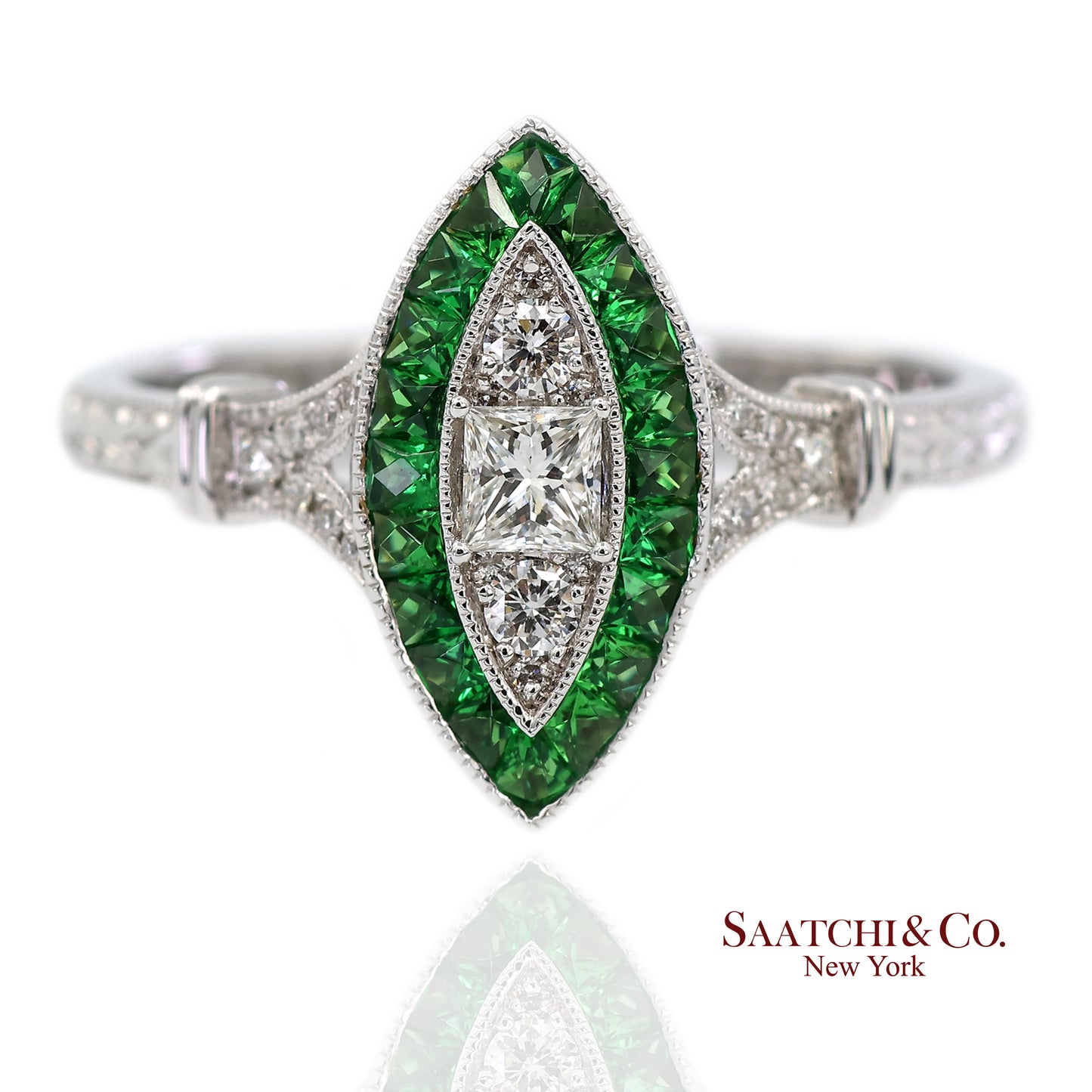18K (750) White Gold Natural Diamond and Tsavorite Marquise Milgrain Ring