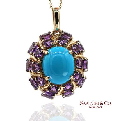 14K Yellow Gold Carlo Viani Turquoise and Amethyst Pendant Necklace with Chain