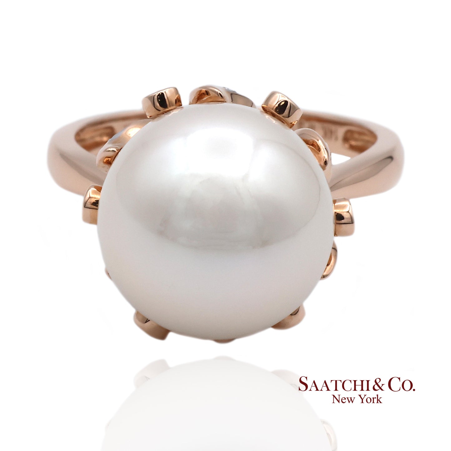 14K (585) Rose Gold Natural Brilliant Diamond and White Pearl Ring