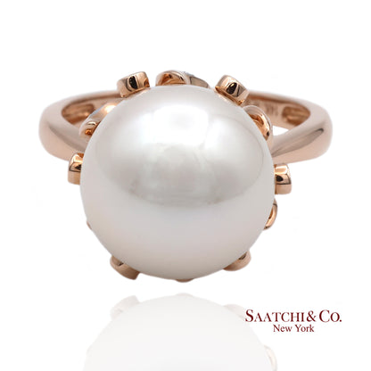 14K (585) Rose Gold Natural Brilliant Diamond and White Pearl Ring