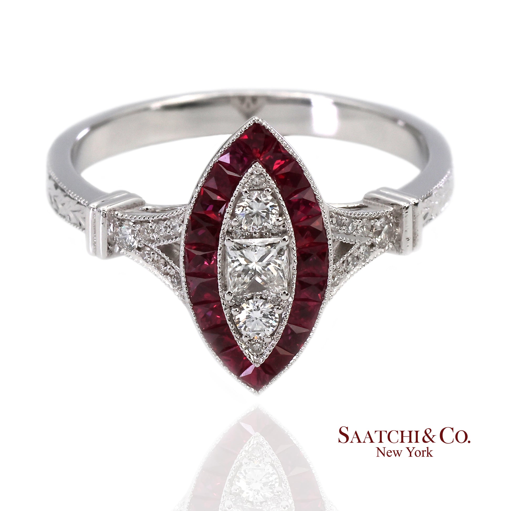 18K (750) White Gold Natural Diamond and Marquise Ruby Milgrain Ring