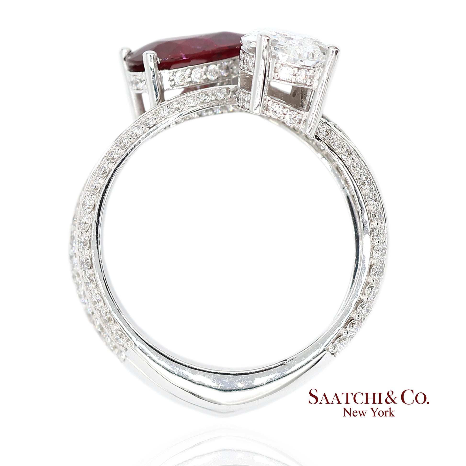 18K(750) Solid White Gold Natural Diamond and Ruby Toi et Moi Ring