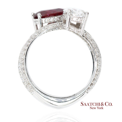 18K(750) Solid White Gold Natural Diamond and Ruby Toi et Moi Ring