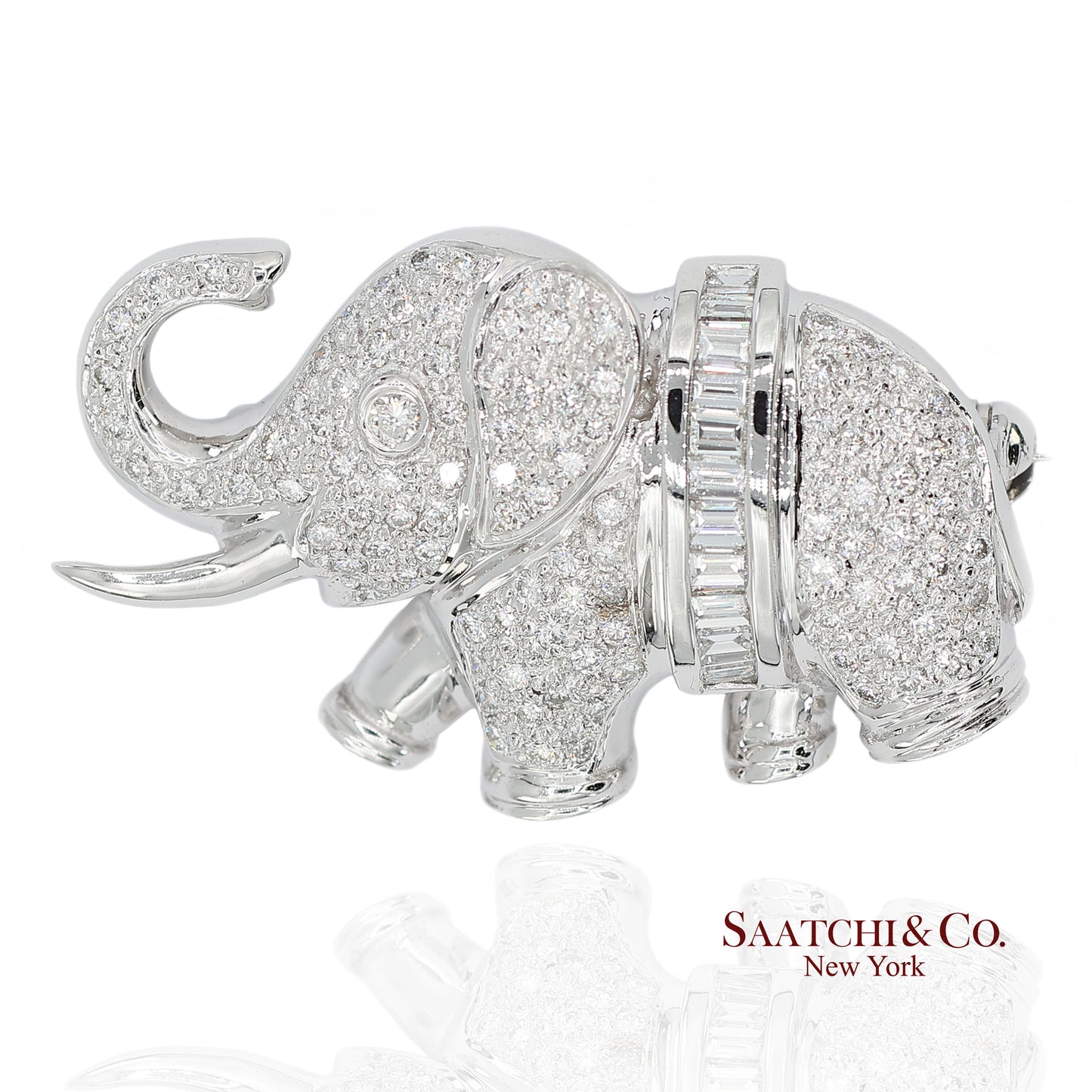 18K (750) White Gold Natural Diamond Elephant Brooch/Pin