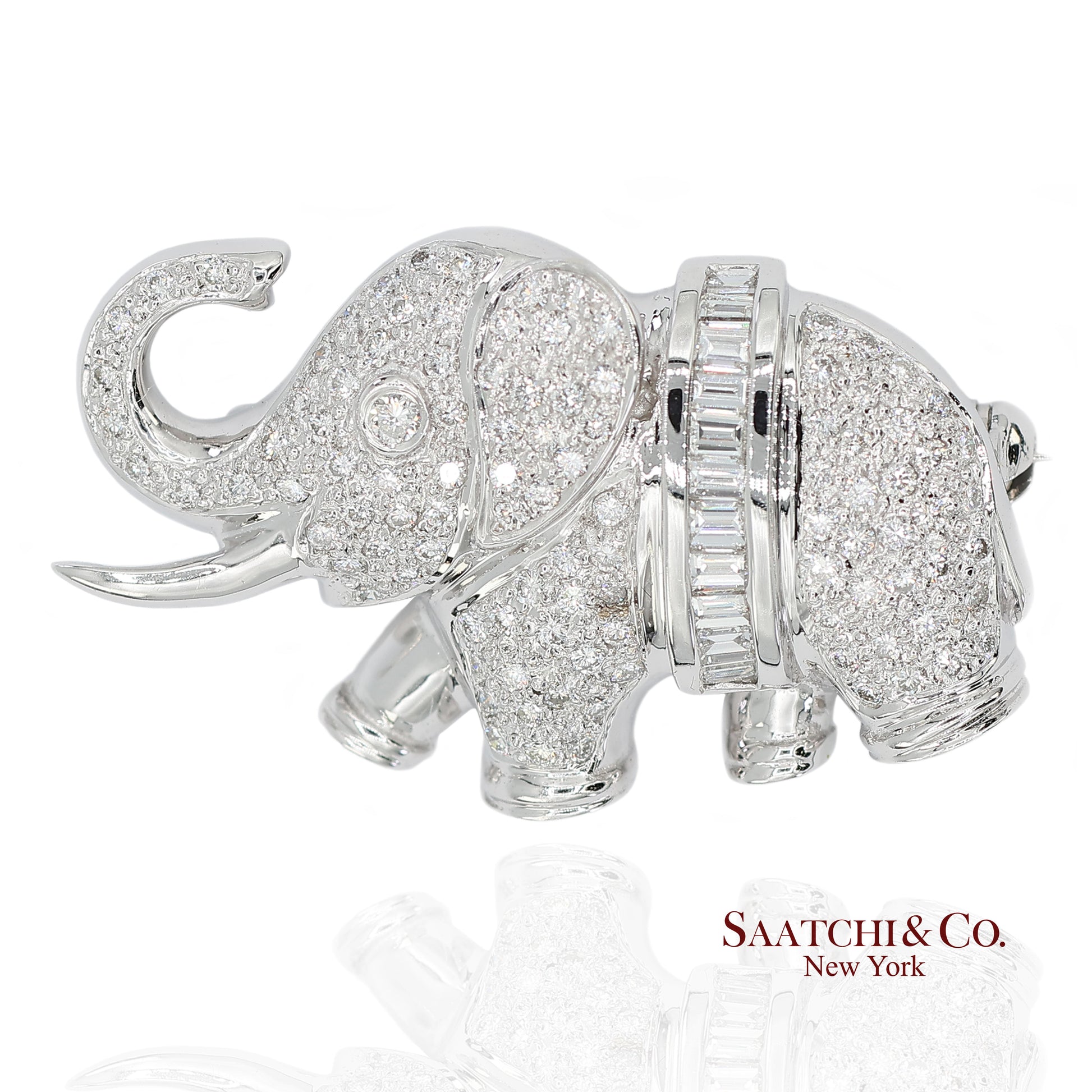 18K (750) White Gold Natural Diamond Elephant Brooch/Pin