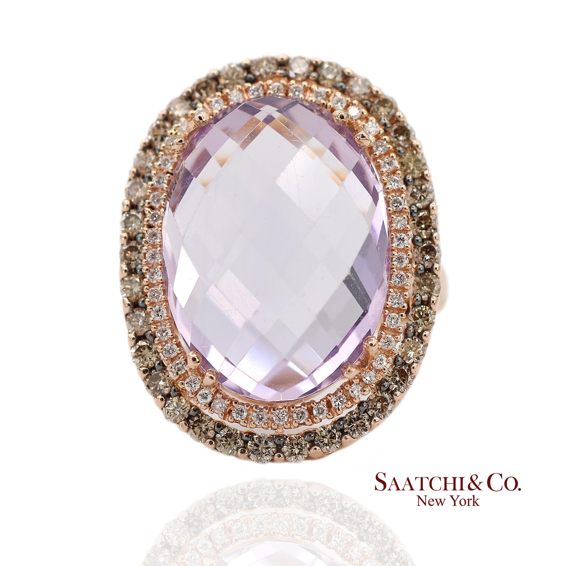 14K (585) Rose Gold Natural Diamond and Amethyst Ring