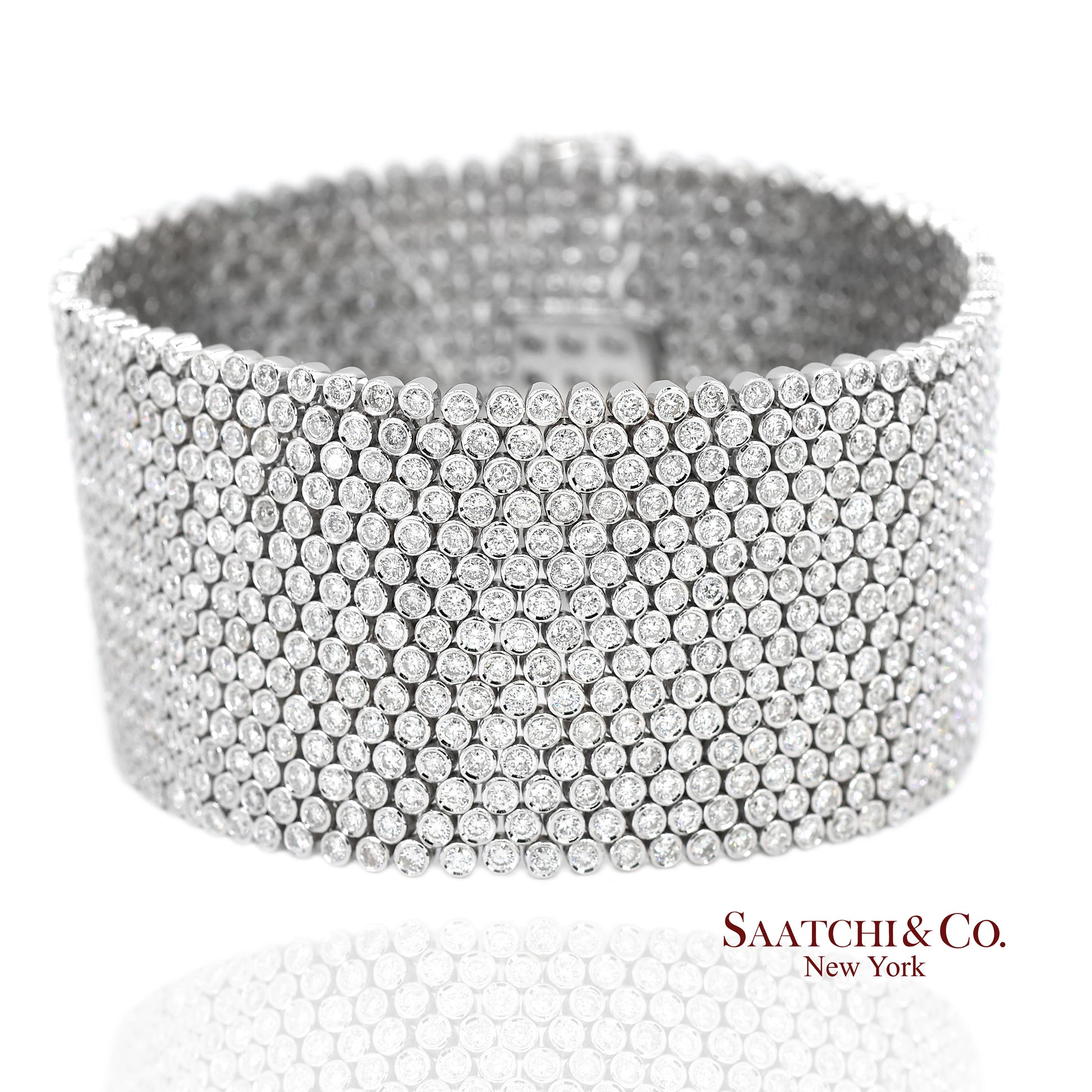 18K (750) White Gold Natural Diamond Wide Mesh Bracelet 15 Rows
