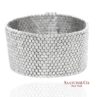 18K (750) White Gold Natural Diamond Wide Mesh Bracelet 15 Rows
