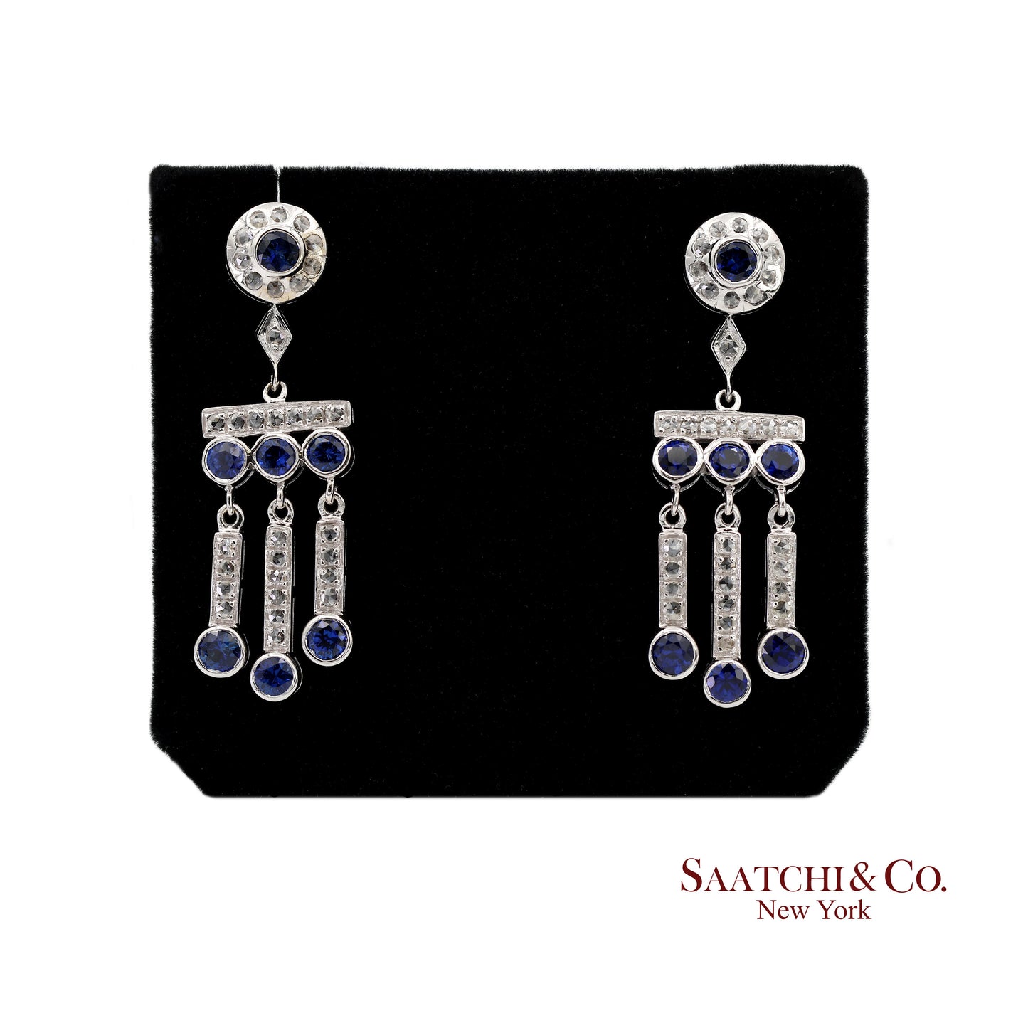 14K(585) Vintage White Gold Natural Diamond and Sapphire Earrings