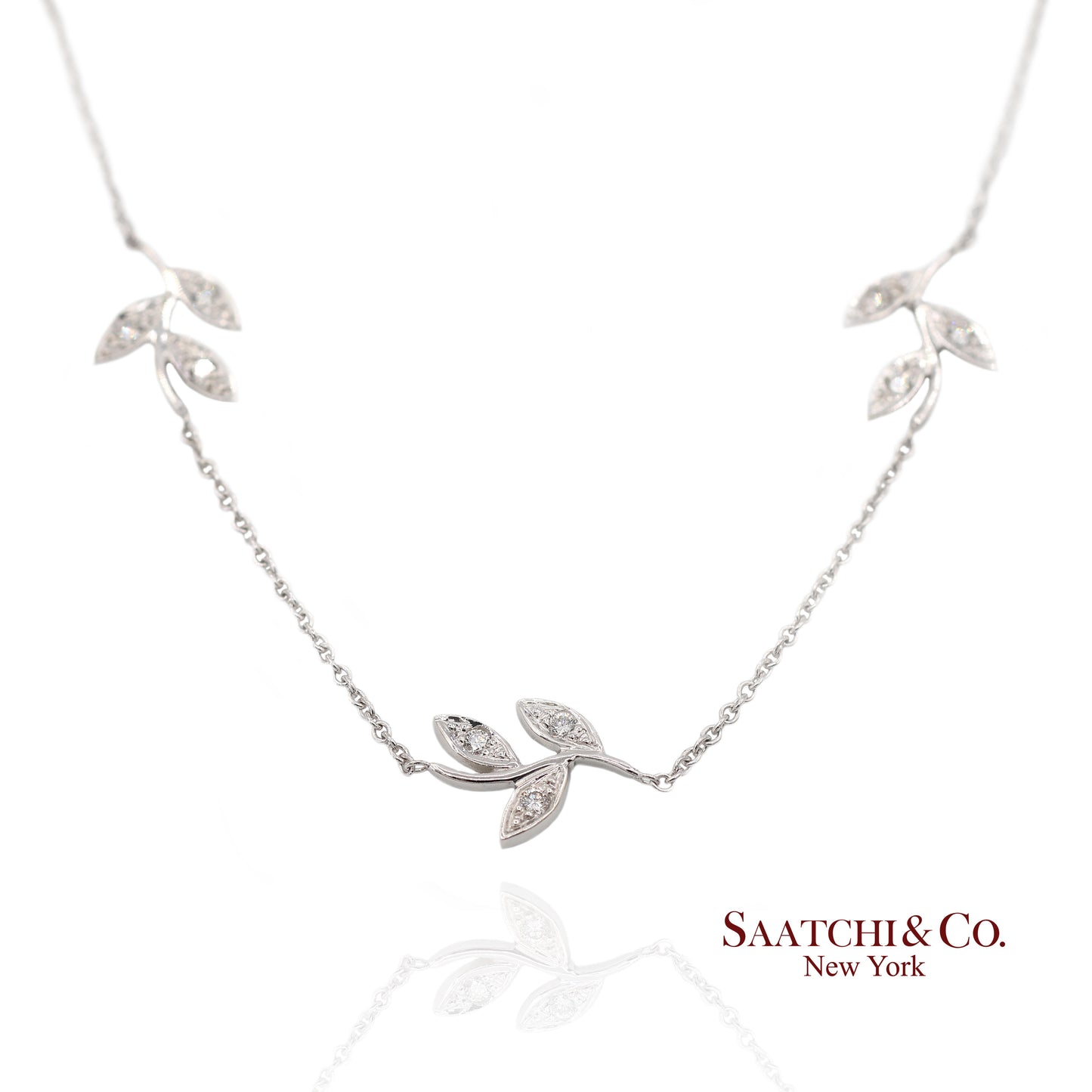 18K(750) White Gold Natural Diamond Leaf Pendant Necklace with Chain