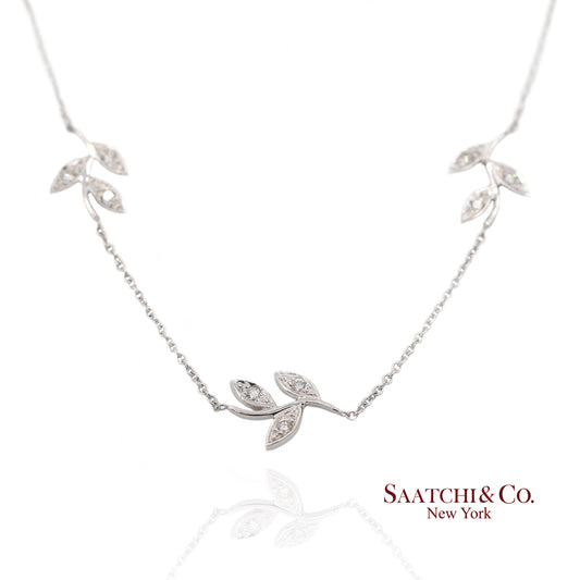18K(750) White Gold Natural Diamond Leaf Pendant Necklace with Chain