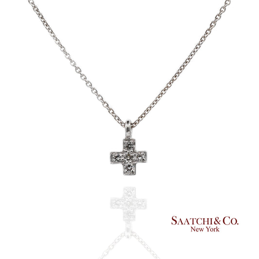 18K(750) White Gold Natural Diamond Small Cross Pendant Necklace with Chain