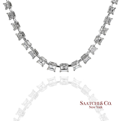 18K(750) White Gold Carre Cut Natural Diamond Tennis Necklace