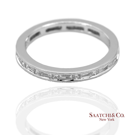 18K(750) Solid White Gold Natural Diamond Handmade Milgrain Band Ring