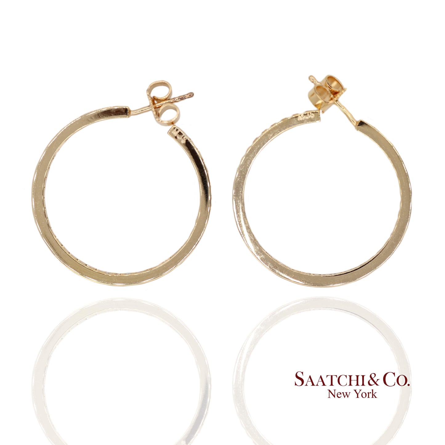 18K(750) Solid Yellow Gold In and Out Natural Diamond Hoop Earrings
