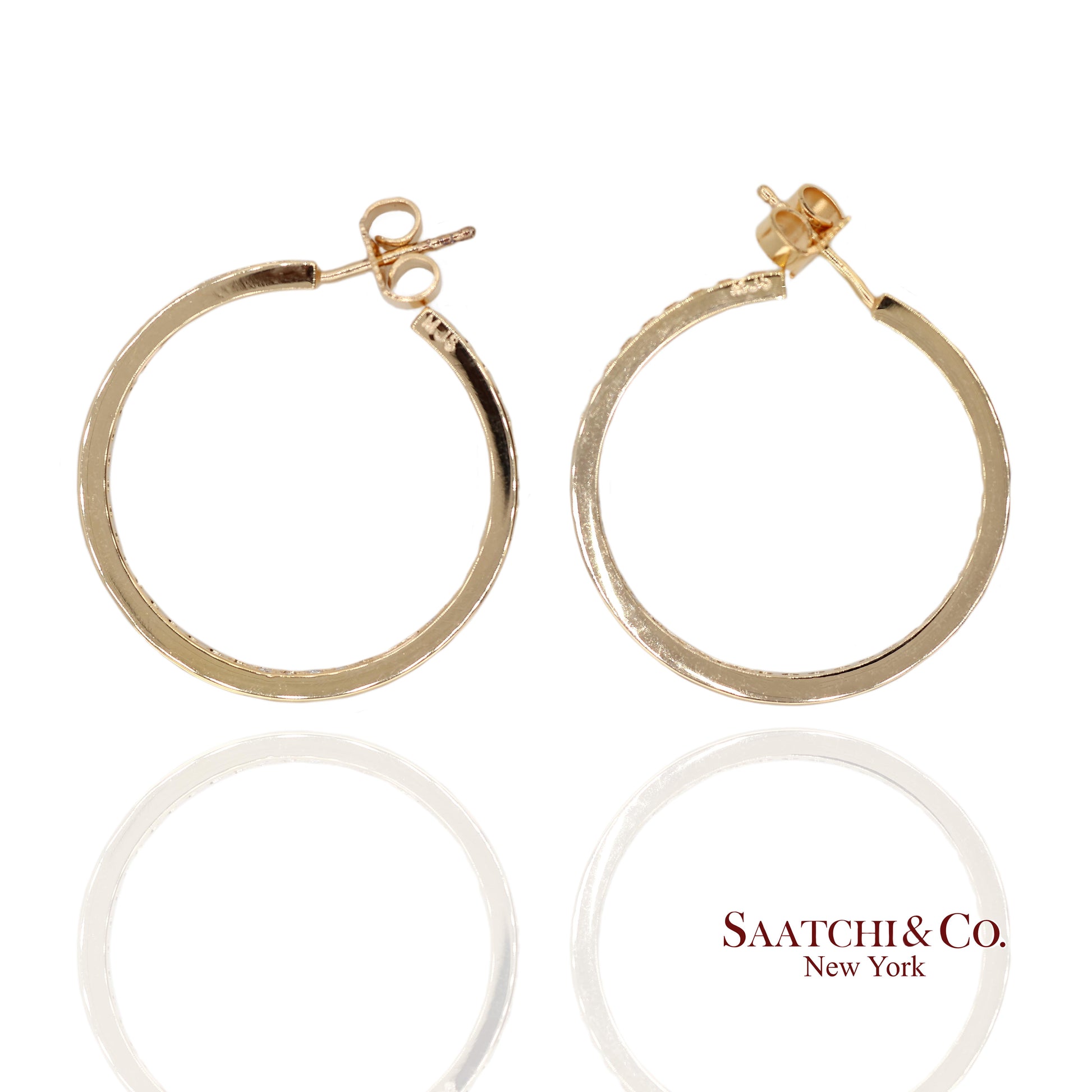 18K(750) Solid Yellow Gold In and Out Natural Diamond Hoop Earrings