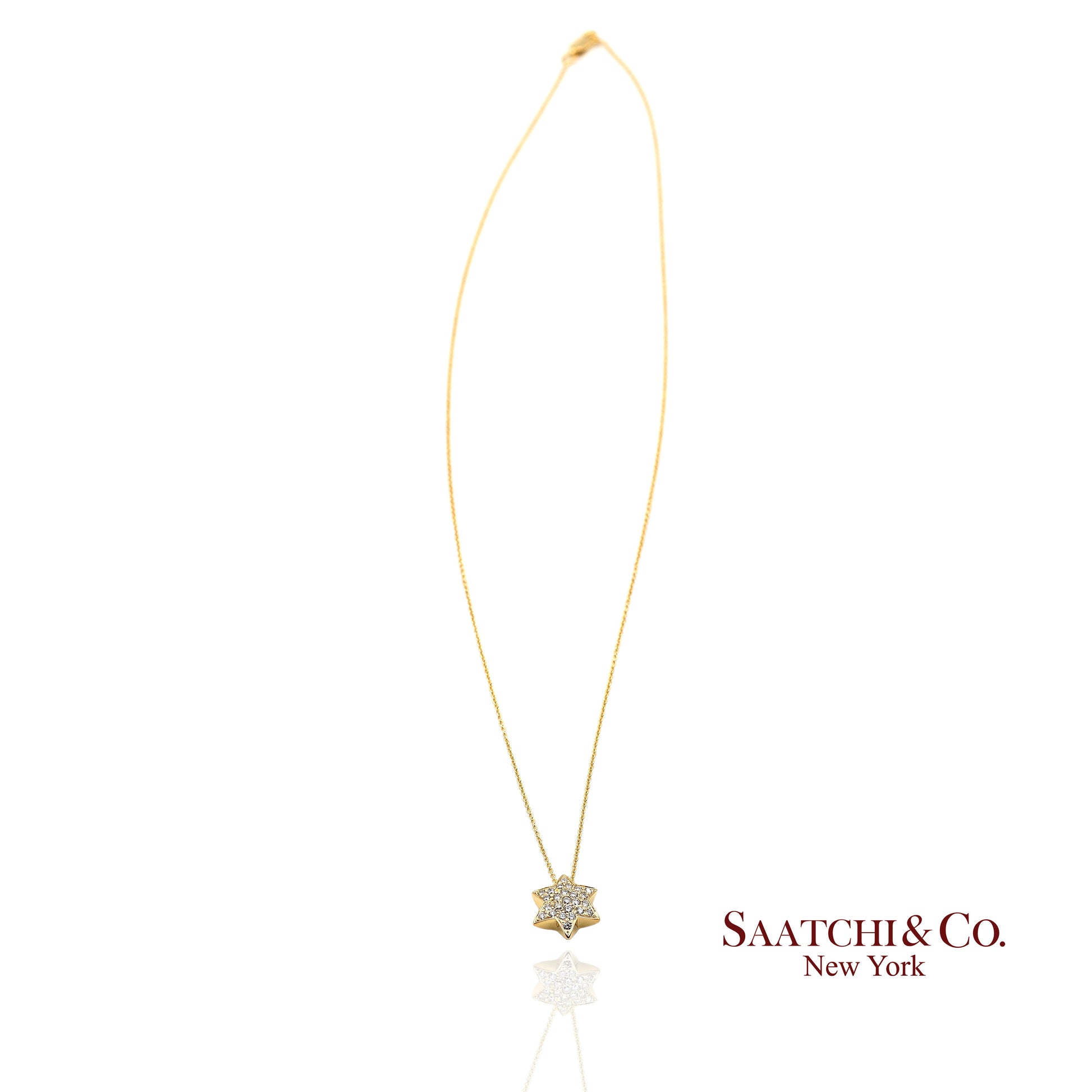 18K(750) Yellow Gold Natural Diamond Star Shape Pendant Necklace with Chain
