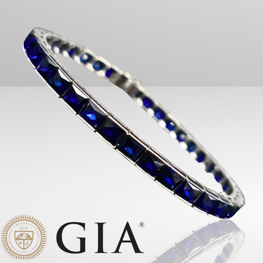 Platinum (950) LAB Created Top Quality Sapphire Grench Cut: Tennis Bracelet