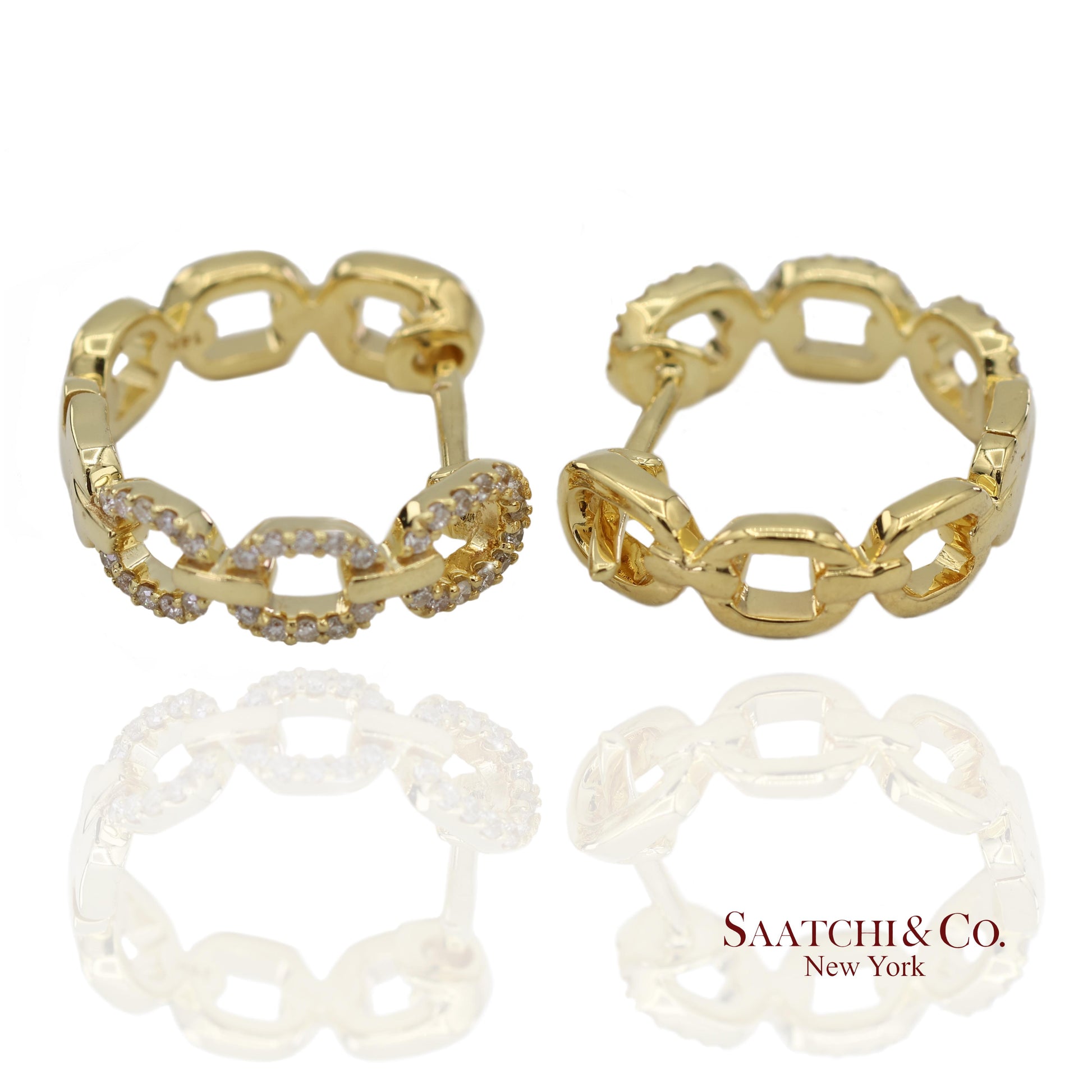 14K(585) Solid Yellow Gold Natural Diamond Link Chain Huggies Earrings