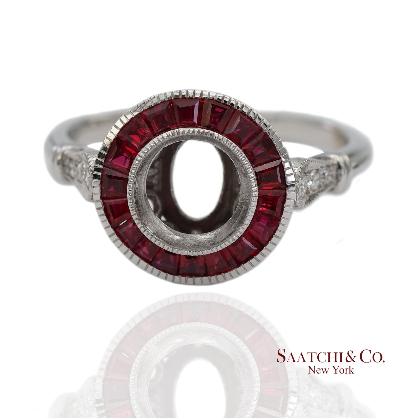 14K (585) White Gold Natural Brilliant Diamond Semi Mount Ruby Ring Size 7