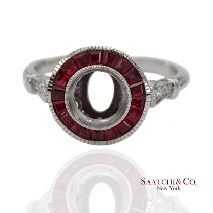 14K (585) White Gold Natural Brilliant Diamond Semi Mount Ruby Ring Size 7