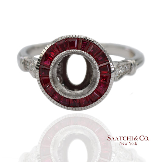 14K (585) White Gold Natural Brilliant Diamond Semi Mount Ruby Ring Size 7
