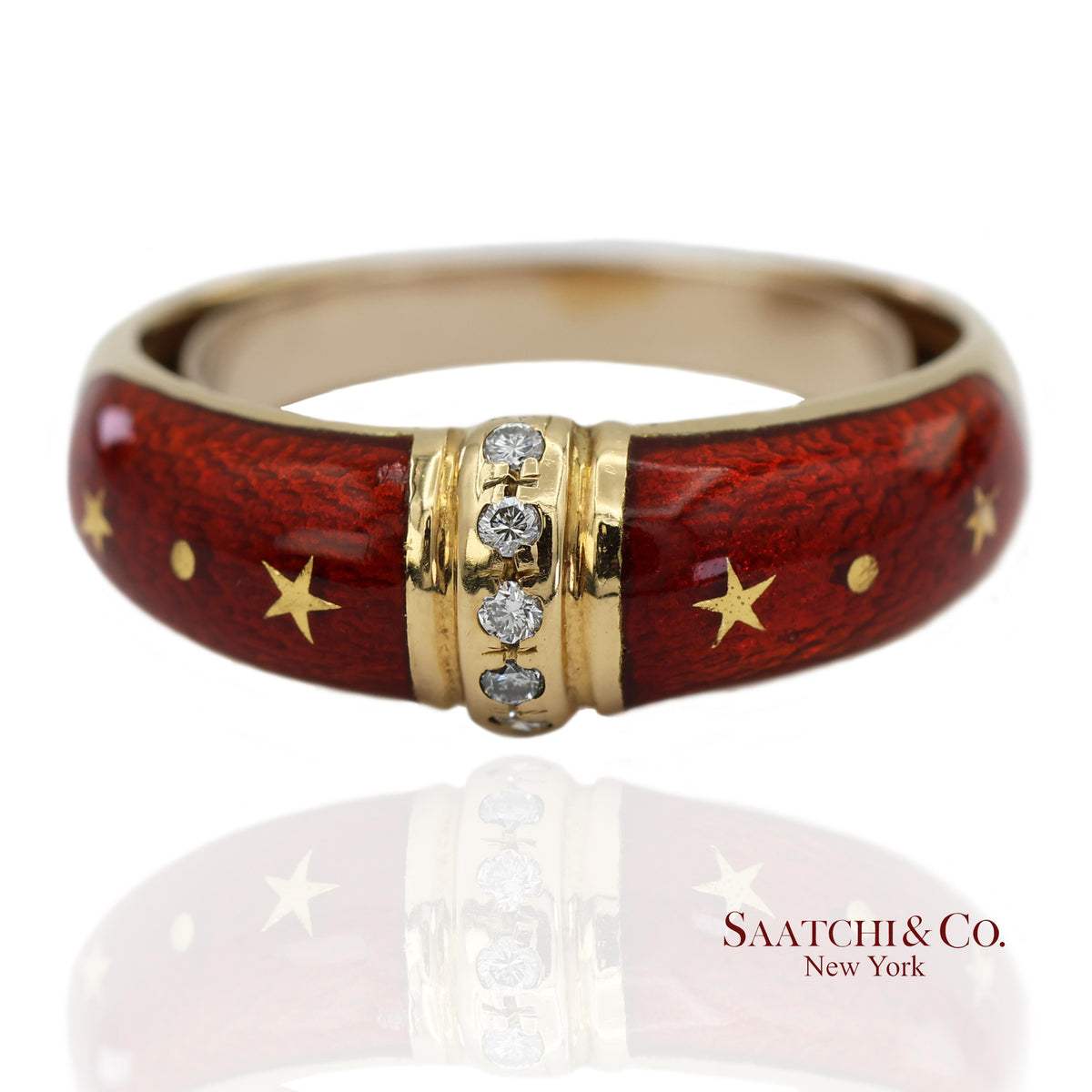 Vintage Faberge 18K (750) Solid Yellow Gold Red Enamel Diamond Ring