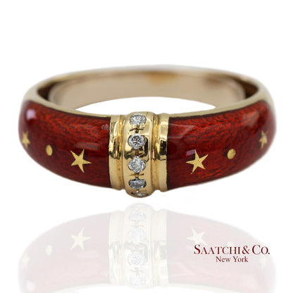 Vintage Faberge 18K (750) Solid Yellow Gold Red Enamel Diamond Ring