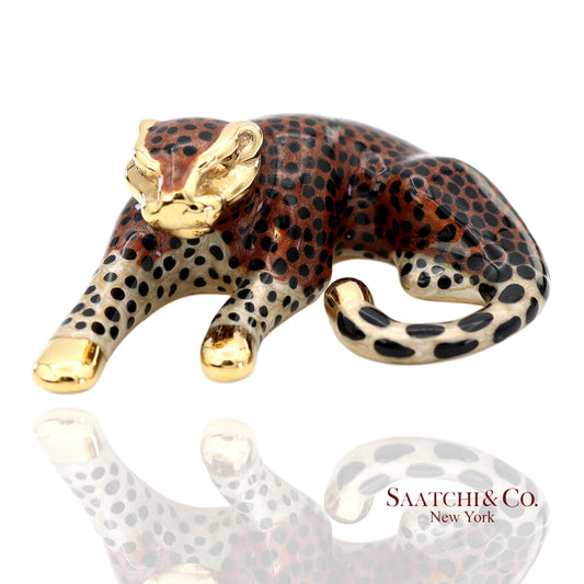 14K (585) Solid Yellow Gold Enamel Leopard Pendant Necklace