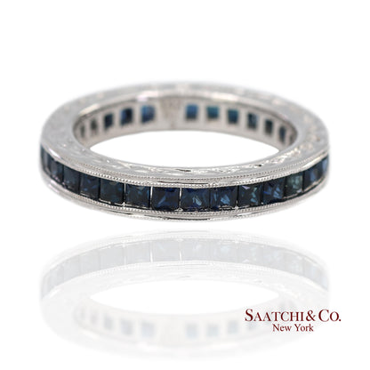 Vintage 14K (585) White Gold All Around Natural Sapphire Engraving Band Ring
