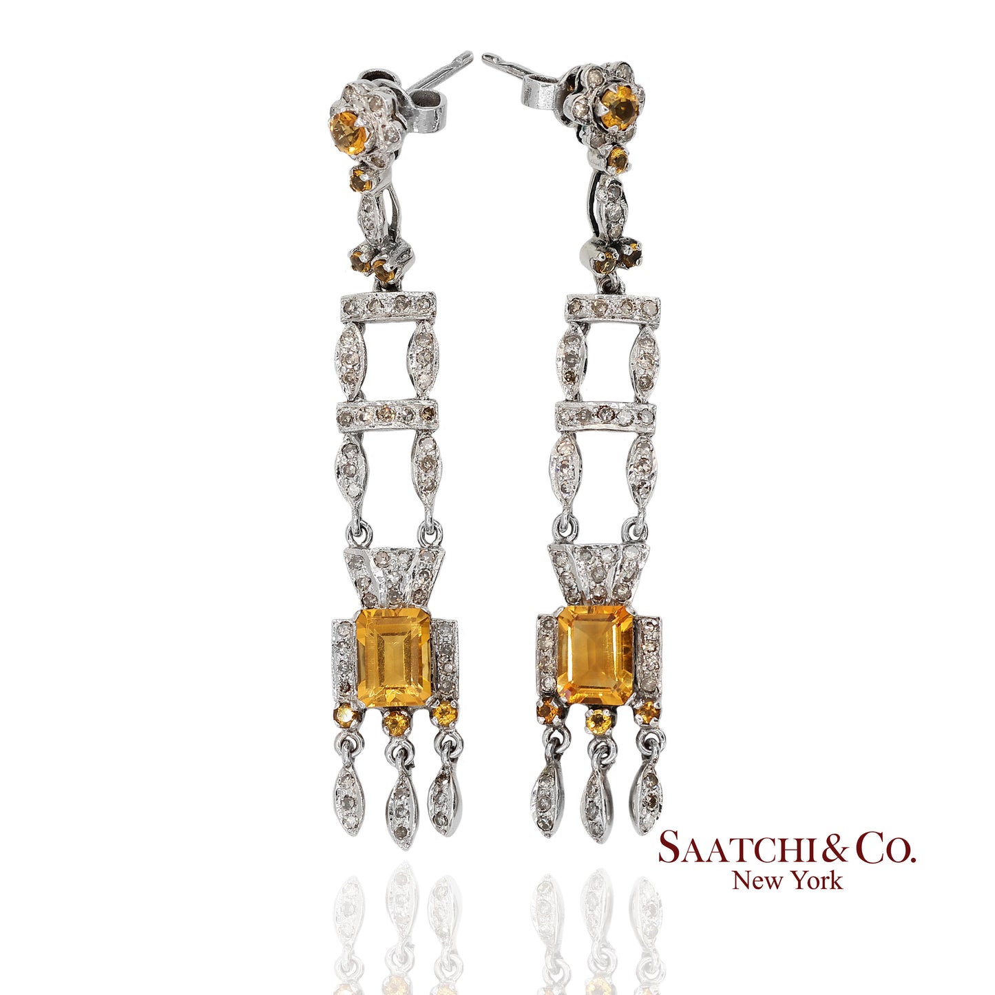 14K(585) White Gold Natural Diamond and Yellow Sapphire Pretty Teardrop Earrings
